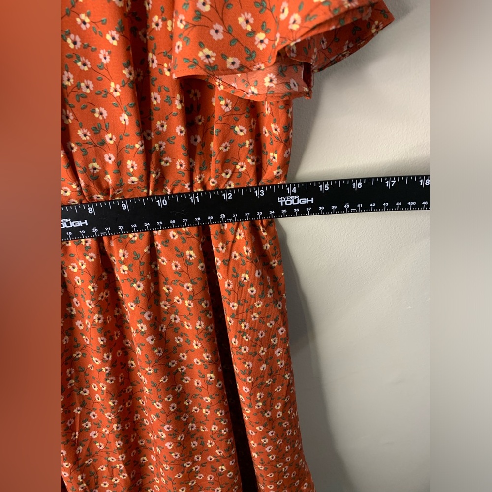 Women’s Large orange floral wrap-style front flutter sleeves ruffled dress - Picture 5 of 7